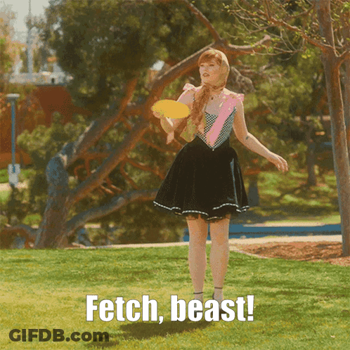 Woman Holding Frisbee Saying Fetch Beast GIF
