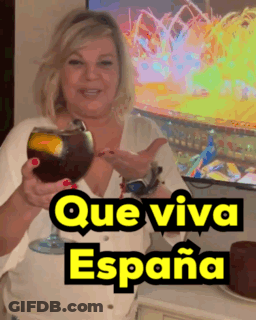 Woman Holding Glass With Que Viva Espana In Yellow GIF
