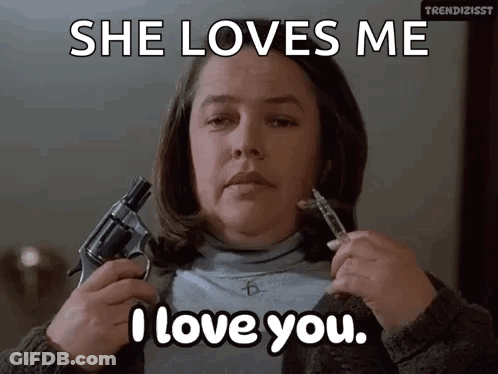 Woman Holding Gun And Syringe Saying She Loves Me I Love You GIF