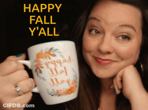 Woman Holding Happy Fall Y'all Mug GIF