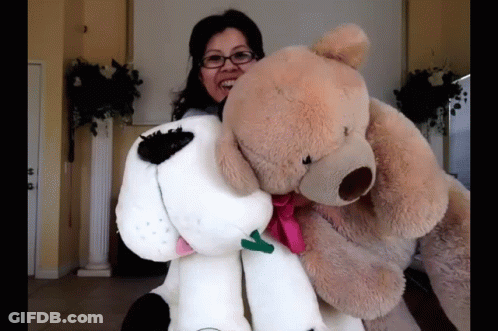 Woman Holding Large Teddy Bear And Stuffed Dog GIF