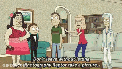 Woman Holding Man's Arm In Living Room With Cartoon Characters GIF