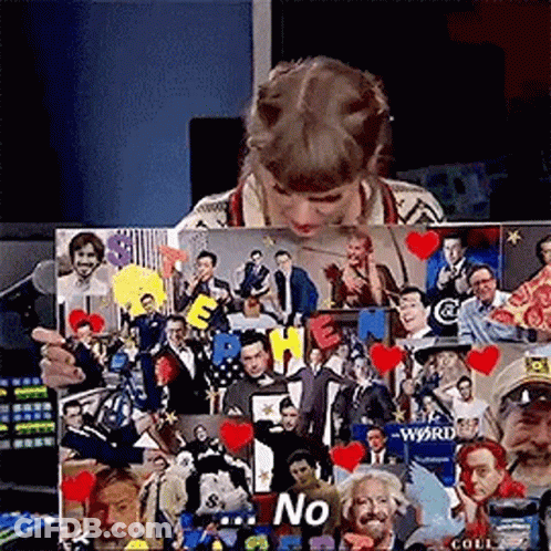 Woman Holding Microphone In Front Of Collage Of People And Hearts GIF