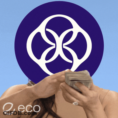 Woman Holding Money In Front Of Purple Circle With Eco GIF