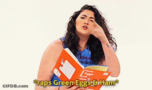 Woman Holding Orange Box Saying Raps Green Eggs And Ham GIF