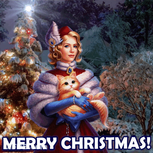 Woman Holding Orange Cat Merry Christmas GIF