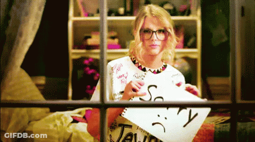 Woman Holding Paper With Sad Face And Word Taylor GIF