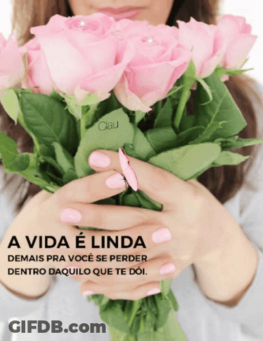 Woman Holding Pink Roses With Portuguese Quote GIF