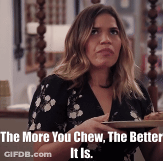 Woman Holding Plate Of Food Saying The More You Chew The Better It Is GIF
