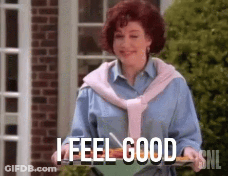 Woman Holding Plate Saying I Feel Good GIF