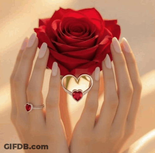 Woman Holding Red Rose And Heart Ring GIF