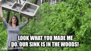 Woman Holding Sink Over Head In Forest GIF