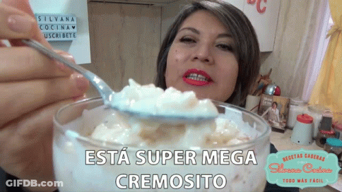 Woman Holding Spoon Over Bowl Saying Esta Super Mega Cremoso GIF