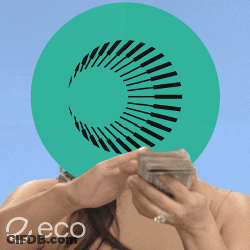 Woman Holding Stack Of Money In Front Of Green Circle Saying Eco GIF