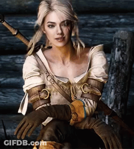 Woman Holding Sword In Front Of Wooden Wall GIF
