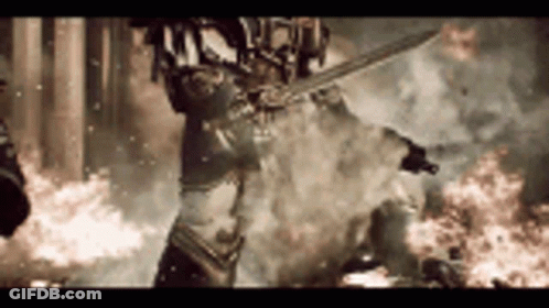 Woman Holding Sword Near Fire And Smoke GIF