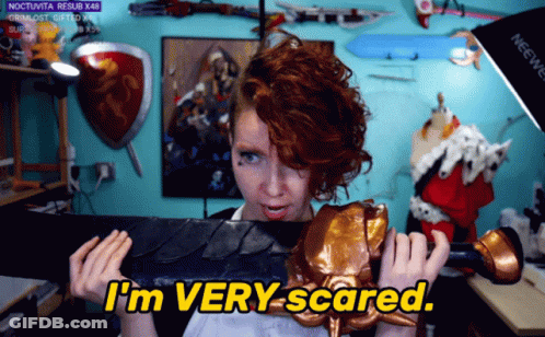 Woman Holding Sword Saying I'm Very Scared GIF