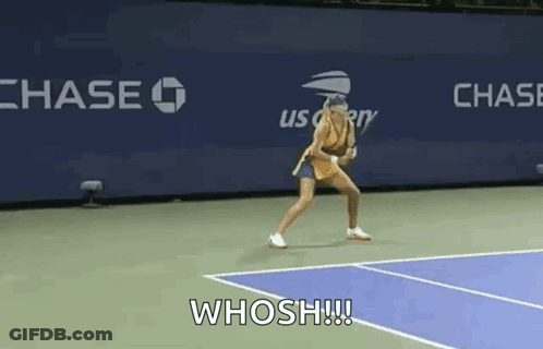 Woman Holding Tennis Racquet Saying Whosh GIF