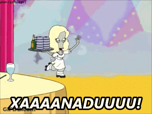 Woman Holding Tray With Plates Saying Xaaaanaduuu GIF