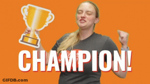 Woman Holding Trophy With Champion Text GIF
