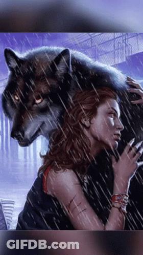 Woman Holding Wolf In Rain GIF