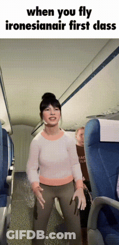 Woman In Airplane With Caption When You Fly Ironsianair First Class GIF