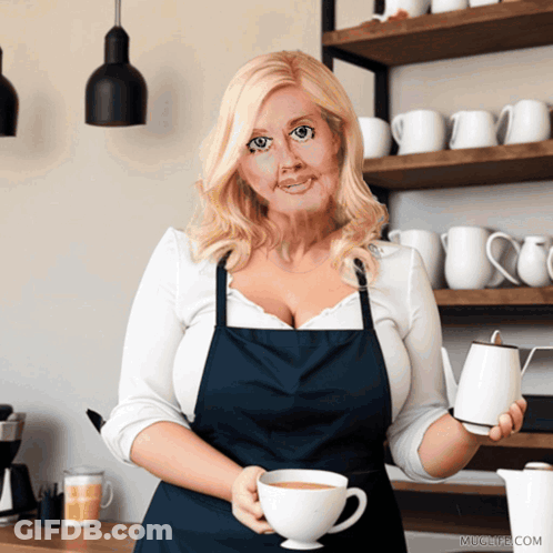 Woman In Apron Holding Cup Of Coffee And Teapot GIF