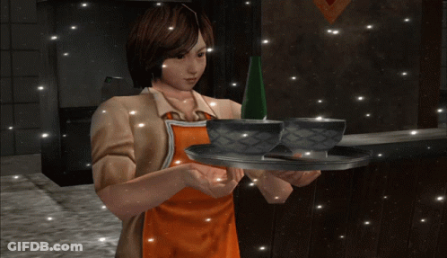 Woman In Apron Holding Tray Of Bowls And Chopsticks GIF