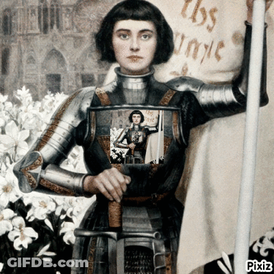 Woman In Armor Holding Flag And Pixiz Sign GIF