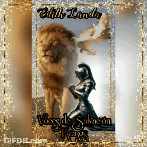 Woman In Armor Kneeling Before Lion GIF