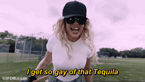 Woman In Baseball Cap And Sunglasses Saying I Get So Gay Of That Tequila GIF