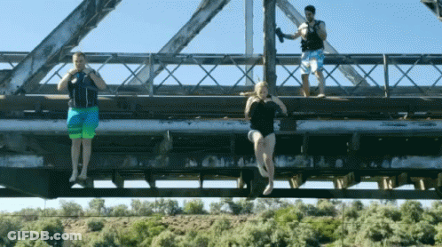 Woman In Bathing Suit Hanging From Bridge GIF