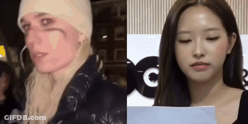 Woman In Beanie And Black Jacket Next To Woman With Eyes Closed GIF