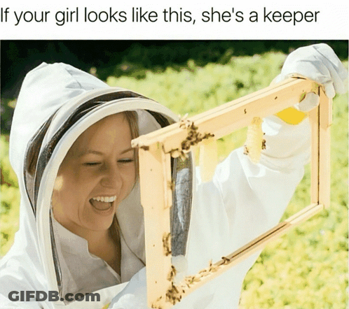 Woman In Bee Suit Holding Beehive Frame Saying If Your Girl Looks Like This GIF