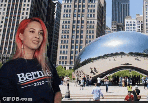 Woman In Bernie 2020 Shirt At The Bean GIF