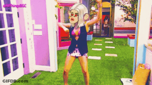 Woman In Bikini Dancing In Room With Purple Door GIF