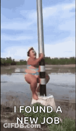 Woman In Bikini Hanging From Pole Says I Found A New Job GIF