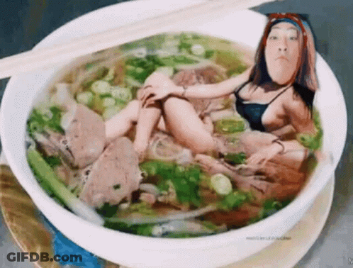 Woman In Bikini Laying In Bowl Of Soup GIF