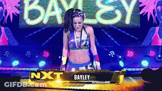 Woman In Bikini Standing In Front Of Bayley Sign GIF
