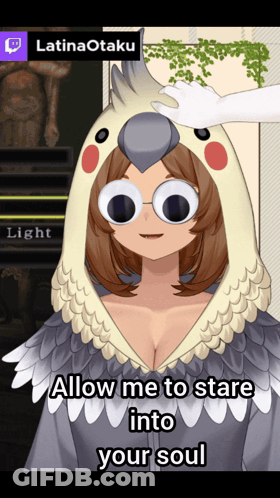 Woman In Bird Costume Saying Allow Me To Stare Into Your Soul GIF