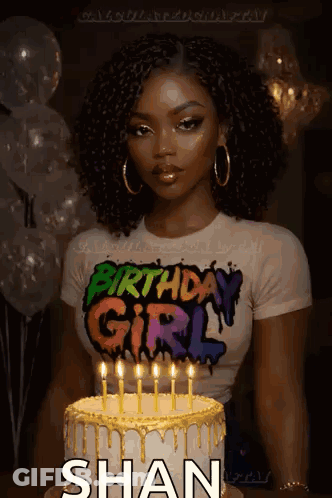 Woman In Birthday Girl Shirt Standing In Front Of Birthday Cake With Candles GIF