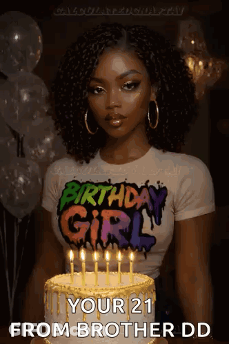 Woman In Birthday Girl Shirt With Birthday Cake And Candles GIF