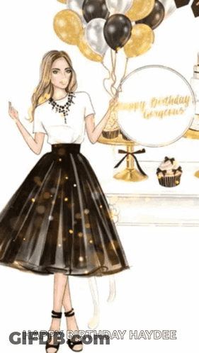 Woman In Black And Gold Dress Holding Balloons GIF