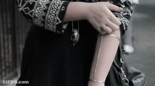 Woman In Black And White Sweater With Silver Bracelet GIF