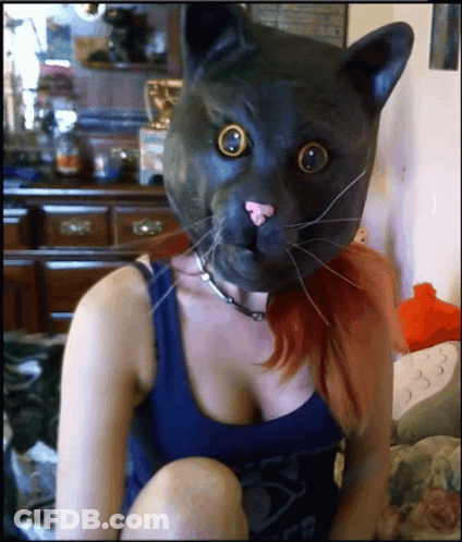 Woman In Black Cat Mask And Blue Tank Top GIF