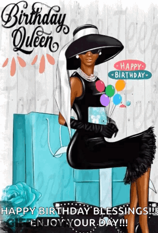 Woman In Black Dress And Hat Holding Balloons GIF