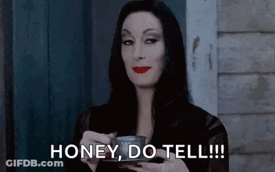 Woman In Black Dress Holding Coffee Say Honey GIF