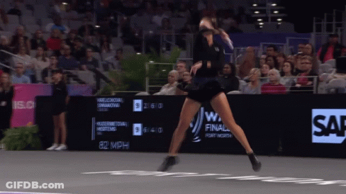 Woman In Black Dress Playing Tennis In Front Of Sap Sign GIF