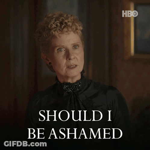 Woman In Black Dress Says Should I Be Ashamed GIF