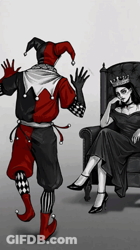 Woman In Black Dress Sitting Beside Jester GIF